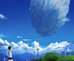  asteroid black_hair cloud day food hand_on_hip kawazu looking_up mouth_hold original popsicle power_lines scenery short_hair sky solo sweat 