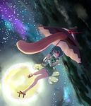  aaru_(r-kun) absurdres blue_hair colorized flying full_moon geta glowing glowing_eye heterochromia highres karakasa_obake light_trail mille moon night short_hair solo tatara_kogasa touhou umbrella 