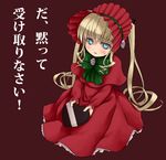  blonde_hair blue_eyes bonnet bow dress drill_hair heart kumashiro long_hair rozen_maiden shinku solo twintails valentine very_long_hair 