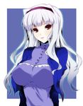  breasts hairband idolmaster idolmaster_(classic) large_breasts long_hair purple_hairband red_eyes sawa_(sawa-house) shijou_takane silver_hair solo 