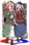  blue_eyes blush boots braid eating hat heart hong_meiling izayoi_sakuya long_hair multiple_girls red_eyes red_hair scarf short_hair snow star sukage touhou white_hair winter_clothes 