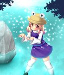  bad_id bad_pixiv_id blonde_hair bubble dress eyes hair_ribbon hands hat highres kuro_minamo leaf moriya_suwako red_eyes ribbon shoes short_hair smile solo thighhighs touhou water white_legwear zettai_ryouiki 