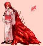  blush commentary_request guro hair_over_one_eye japanese_clothes kimono mado_(mukade_tou) meat_jersey_girl monster_girl one-eyed original red_hair sandals short_hair smile solo standing yellow_eyes yukata 