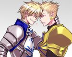  anger_vein armor arthur_pendragon_(fate) bad_id bad_pixiv_id blonde_hair blue_eyes earrings face-to-face fate/prototype fate/stay_night fate_(series) gilgamesh grin heart ironmaskbear jewelry male_focus multiple_boys red_eyes smile 