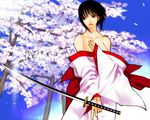 bare_shoulders black_hair brown_eyes japanese_clothes katana kimono lowres original sakamoto_mineji short_hair solo sword weapon 