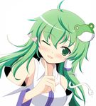  bad_id bad_pixiv_id bare_shoulders blush breasts detached_sleeves frog green_eyes green_hair hair_ornament heart kochiya_sanae long_hair medium_breasts one_eye_closed open_mouth rin_(ateria) snake solo touhou 