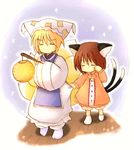  animal_ears cat_ears cat_tail chen commentary eijima_moko fox_tail lantern multiple_girls multiple_tails no_hat no_headwear pajamas sleepy tail touhou yakumo_ran 