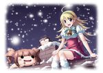  ahoge akizuki_ritsuko bell blonde_hair chibi green_eyes hairband highres hoshii_miki idolmaster idolmaster_(classic) kamishiro_mai_(capti-no) long_hair multiple_girls snow takatsuki_yayoi yen 