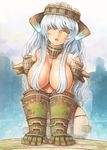  blindfold blue_hair breasts colossus facing_viewer giantess highres horns large_breasts long_hair palagia personification shadow_of_the_colossus shigatake solo topless water wet 