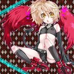  beauty_mark benio blonde_hair bulge detached_sleeves erect_nipples high_heels male male_focus mole open_mouth ponytail scar shoes shorts shota side_ponytail sitting tail trap wings yellow_eyes zone-00 