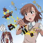  brown_eyes brown_hair choudenji_robo_combattler_v combattler_v_(robot) cosplay electricity kakkii mecha misaka_mikoto multiple_girls robot ropet ropet_(cosplay) school_uniform shirai_kuroko short_hair sweater_vest to_aru_kagaku_no_railgun to_aru_majutsu_no_index translated 