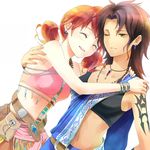  bad_id bad_pixiv_id black_hair closed_eyes earrings final_fantasy final_fantasy_xiii hug jewelry midriff multiple_girls necklace oerba_dia_vanille oerba_yun_fang one_eye_closed orange_hair short_twintails smile twintails waxwa yellow_eyes 