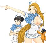  black_hair blonde_hair blue_eyes breasts cleavage crossed_arms doll empty_eyes flight_attendant gyakuten_kenji gyakuten_saiban hat konomichi_ichiru lang_(chikage36) large_breasts long_hair multiple_girls orange_eyes pointing shiraoto_wakana simple_background stuffed_animal stuffed_toy teddy_bear uniform very_long_hair white_background 