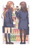  =_= black_legwear brown_legwear food from_behind glasses kuroboshi_kouhaku legs multiple_girls original pantyhose pocky pringles scarf school_uniform striped striped_scarf tears tsubomi_(comic_anthology) 