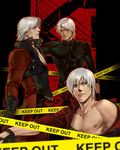  artist_request bare_chest blue_eyes capcom caution_tape dante devil_may_cry devil_may_cry_2 devil_may_cry_3 dmc keep_out male male_focus multiple_persona nipples white_hair 