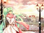  1girl aqua_eyes aqua_hair bad_id bad_pixiv_id blush breath building city coat gloves hatsune_miku house lamp lamppost long_hair long_sleeves mittens outdoors own_hands_together scarf snow solo standing twintails very_long_hair vocaloid wingtemple winter 