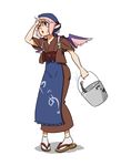  absurdres animal_ears apron bucket bucket_of_water eel head_scarf highres japanese_clothes mystia_lorelei namuro okamisty pink_hair purple_eyes short_hair solo tasuki touhou wince wings 