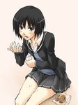  amagami black_eyes black_hair black_jacket blazer bob_cut grey_skirt jacket kibito_high_school_uniform long_sleeves marumi milk nanasaki_ai pleated_skirt school_uniform short_hair sitting skirt solo tears 