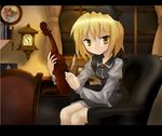  ayagi_daifuku blonde_hair chair clock easy_chair feathers hat instrument letterboxed long_sleeves lunasa_prismriver plate room short_hair sitting solo touhou violin window yellow_eyes 