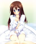  bed blue_eyes blush bottomless brown_hair hanamaru_youchien highres hoppege long_hair open_clothes open_shirt shirt solo tsuchida_satsuki 