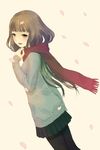  bangs blunt_bangs brown_eyes brown_hair cherry_blossoms chitosezaka_suzu enpera pantyhose petals sayoko_(sayonara_memories) sayonara_memories_(supercell) scarf skirt solo supercell sweater 