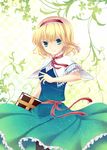  alice_margatroid bad_id bad_pixiv_id blonde_hair blue_eyes book capelet colored_eyelashes dress embellished_costume frills green_eyes grimoire grimoire_of_alice hairband kai_aki light_particles pantyhose puppet_rings puppet_strings ribbon short_hair smile solo string touhou tsurime 