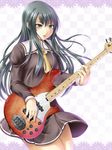  bad_id bad_pixiv_id bass_guitar black_eyes black_hair checkered checkered_background copyright_request instrument long_hair mochi.f school_uniform skirt solo 