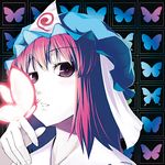  album_cover bug butterfly cover face glowing hands hat insect kabayaki_unagi lowres pink_eyes pink_hair saigyouji_yuyuko short_hair solo touhou 