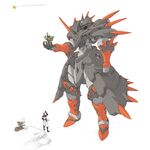  2boys armor artist_request chameleos_(armor) hermitaur_(armor) highres machinery mecha monoblos_(armor) monster_hunter multiple_boys simple_background size_difference standing white_background 