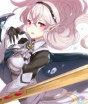  1girl armor black_hairband cape female_my_unit_(fire_emblem_if) fire_emblem fire_emblem_if gloves hairband haru_(nakajou-28) long_hair my_unit_(fire_emblem_if) nintendo pointy_ears red_eyes simple_background solo sword weapon white_background white_hair 