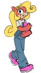  2019 anthro bandicoot blonde_hair clothed clothing coco_bandicoot computer crash_bandicoot_(series) digital_media_(artwork) female fur hair holding_object laptop long_hair looking_at_viewer mammal marsupial myheartpumpspiss open_mouth orange_fur overalls shirt simple_background smile solo t-shirt video_games walking white_background 