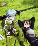  1girl absurdres belt black_eyes black_gloves black_hair black_shorts blue_eyes blue_hair breastplate breasts cleavage fingerless_gloves gloves green_jacket green_legwear gun hair_ornament hairclip highres holding holding_gun holding_weapon jacket kirito kirito_(sao-ggo) long_hair looking_at_viewer lying on_back open_clothes open_jacket outdoors rifle short_hair short_shorts shorts sinon sitting small_breasts sword_art_online thighhighs weapon 