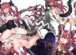  2boys 6+girls areolae asymmetrical_horns blue_eyes blue_ribbon blush boots cape choker corset curled_horns detached_sleeves dragon_girl dragon_horns dragon_tail elizabeth_bathory_(brave)_(fate) elizabeth_bathory_(fate) elizabeth_bathory_(fate)_(all) elizabeth_bathory_(halloween_caster)_(fate) fate/grand_order fate_(series) fellatio flat_chest hair_ribbon hat heart heart-shaped_pupils hetero highres horns knee_boots long_hair mecha_eli-chan mecha_eli-chan_mk.ii multiple_boys multiple_girls multiple_persona nipples nose_blush nude open_mouth oral pauldrons penis pink_hair pointy_ears ribbon robot ryuuji_teitoku simple_background symbol-shaped_pupils tail thighhighs tiara torn_cape torn_clothes two_side_up vambraces white_background white_cape wings witch_hat 