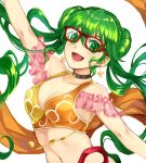  1girl arm_up bespectacled breasts choker cleavage double_bun earrings fire_emblem fire_emblem:_seisen_no_keifu fire_emblem_heroes glasses green_eyes green_hair jewelry jurge long_hair medium_breasts navel nintendo open_mouth red-framed_eyewear simple_background solo sylvia_(fire_emblem) upper_body white_background 