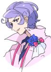  1boy blue_flower blue_rose bow bright_pupils buntatta cropped_torso curly_hair earrings flower highres jewelry lavender_hair male_focus original pink_shirt popped_collar purple_eyes rose shirt simple_background solo stud_earrings tape_measure tsukurotte_piature white_background 