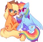  2019 applejack_(mlp) blonde_hair blue_feathers blue_fur blush couple_(disambiguation) cutie_mark digital_media_(artwork) duo earth_pony equine feathered_wings feathers female female/female feral freckles friendship_is_magic fur green_eyes hair hat hi_res horse kirionek mammal multicolored_hair multicolored_tail my_little_pony pegasus pony rainbow_dash_(mlp) rainbow_hair rainbow_tail shy simple_background smile tongue wings 