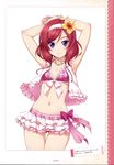  absurdres arms_up bikini bikini_skirt breasts collarbone eyebrows_visible_through_hair fingernails flower frilled_skirt frills groin hair_flower hair_ornament hairband hibiscus highres inou_shin jewelry long_hair looking_at_viewer love_live! love_live!_school_idol_project navel necklace nishikino_maki plaid plaid_bikini purple_eyes red_hair skirt small_breasts smile solo swimsuit 