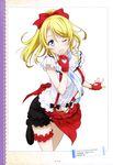  absurdres ayase_eli blonde_hair blue_eyes bokura_wa_ima_no_naka_de bow eyebrows_visible_through_hair finger_to_mouth fingerless_gloves garters gloves hair_bow heart_cutout high_ponytail highres long_hair looking_at_viewer love_live! love_live!_school_idol_project marugoshi_teppei one_eye_closed red_bow red_gloves shirt shorts smile solo white_shirt 