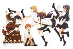  accident adachi_shingo apron black_hair black_legwear black_skirt brown_eyes brown_hair cake closed_eyes falling food full_body glasses highres inami_mahiru katana kneehighs long_hair matsumoto_maya multiple_girls open_mouth orange_hair shirt short_hair simple_background skirt sword taneshima_popura thighhighs todoroki_yachiyo weapon white_background white_shirt working!! yamada_aoi 