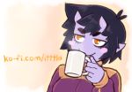  5_fingers black_hair blush_sticker clothed clothing cup eyelashes female hair holding_cup horn humanoid ittla not_furry oni orange_eyes pointy_ears purple_skin smile solo ume_(ittla) url 