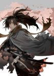  1boy artist_request black_hair brown_eyes dororo_(tezuka) hair_over_one_eye highres holding hyakkimaru_(dororo) japanese_clothes katana kimono long_hair male_focus ponytail prosthesis red_eyes sheath simple_background solo sword weapon 