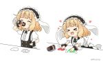  &gt;_&lt; 1girl :d animal_ears black_hairband blonde_hair bongo_cat bunny_ears can canned_coffee center_frills commentary cup directional_arrow drinking drinking_glass eyes_closed fleur_de_lapin_uniform floppy_ears frilled_hairband frills gochuumon_wa_usagi_desu_ka? hairband hand_on_hip heart holding holding_can kirima_sharo meme miicha open_mouth puffy_short_sleeves puffy_sleeves shirt short_sleeves simple_background smile twitter twitter_username uniform waitress white_background white_shirt wrist_cuffs xd 