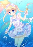  blonde_hair blue_eyes collarbone dress eyebrows eyebrows_visible_through_hair fang fish food frilled_skirt frills hair_ribbon holding ice_cream jewelry long_hair mizuse_ruka necklace open_mouth original ribbon skirt solo twintails underwater white_dress white_ribbon 