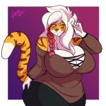  big_breasts blush braided_hair breasts buxbi_(character) cleavage clothed clothing felid female hair huge_breasts jaywnk23 mammal overweight overweight_female pantherine smile tiger voluptuous wide_hips 