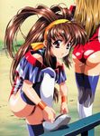  90s :o absurdres ass battle_athletes brown_eyes brown_hair hairband highres kanzaki_akari kawarajima_kou leotard long_hair multiple_girls red_leotard ribbon shiny shiny_hair shiny_skin shoes solo_focus standing thighhighs tying_shoes wristband 