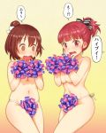  2girls @_@ anima_yell! bangs black_ribbon blunt_bangs blush breasts brown_eyes brown_hair cheerleader commentary_request eyebrows_visible_through_hair fang hair_between_eyes hair_bun hair_ribbon holding large_breasts looking_at_viewer medium_breasts multiple_girls navel nude open_mouth pom_poms poripori red_eyes red_hair ribbon simple_background skindentation standing striped striped_ribbon tatejima_kotetsu translation_request ushiku_kana wavy_mouth white_ribbon 