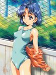  absurdres armpits bishoujo_senshi_sailor_moon blue_eyes blue_hair blue_swimsuit chain-link_fence covered_navel cowboy_shot fence highres kawarajima_kou mizuno_ami one-piece_swimsuit outdoors school_swimsuit shiny shiny_hair short_hair smile solo standing swimsuit undressing 