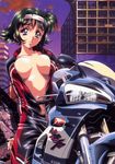  absurdres biker_clothes bikesuit breasts breasts_apart city ground_vehicle headband helmet highres kawarajima_kou large_breasts motor_vehicle motorcycle navel open_clothes parted_lips short_hair solo straddling unzipped 