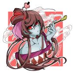  absurdres brown_hair checkered checkered_kimono dango_hair_ornament food_themed_hair_ornament hair_ornament highres holding holding_pipe japanese_clothes kimono long_hair looking_at_viewer neck_scar off_shoulder pipe red_background red_eyes saltnvalk signature smoking yuugiri_(zombie_land_saga) zombie zombie_land_saga 