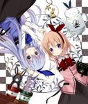  anko_(gochiusa) black_skirt blue_bow blue_neckwear blue_ribbon bow bowtie brown_hair bunny checkered checkered_background eyebrows_visible_through_hair gochuumon_wa_usagi_desu_ka? hair_between_eyes hair_ribbon hand_on_another's_head highres hoto_cocoa kafuu_chino long_hair long_skirt maid multiple_girls purple_eyes red_bow red_neckwear red_ribbon ribbon ryoutan shirt silver_hair skirt tippy_(gochiusa) very_long_hair white_shirt wild_geese 